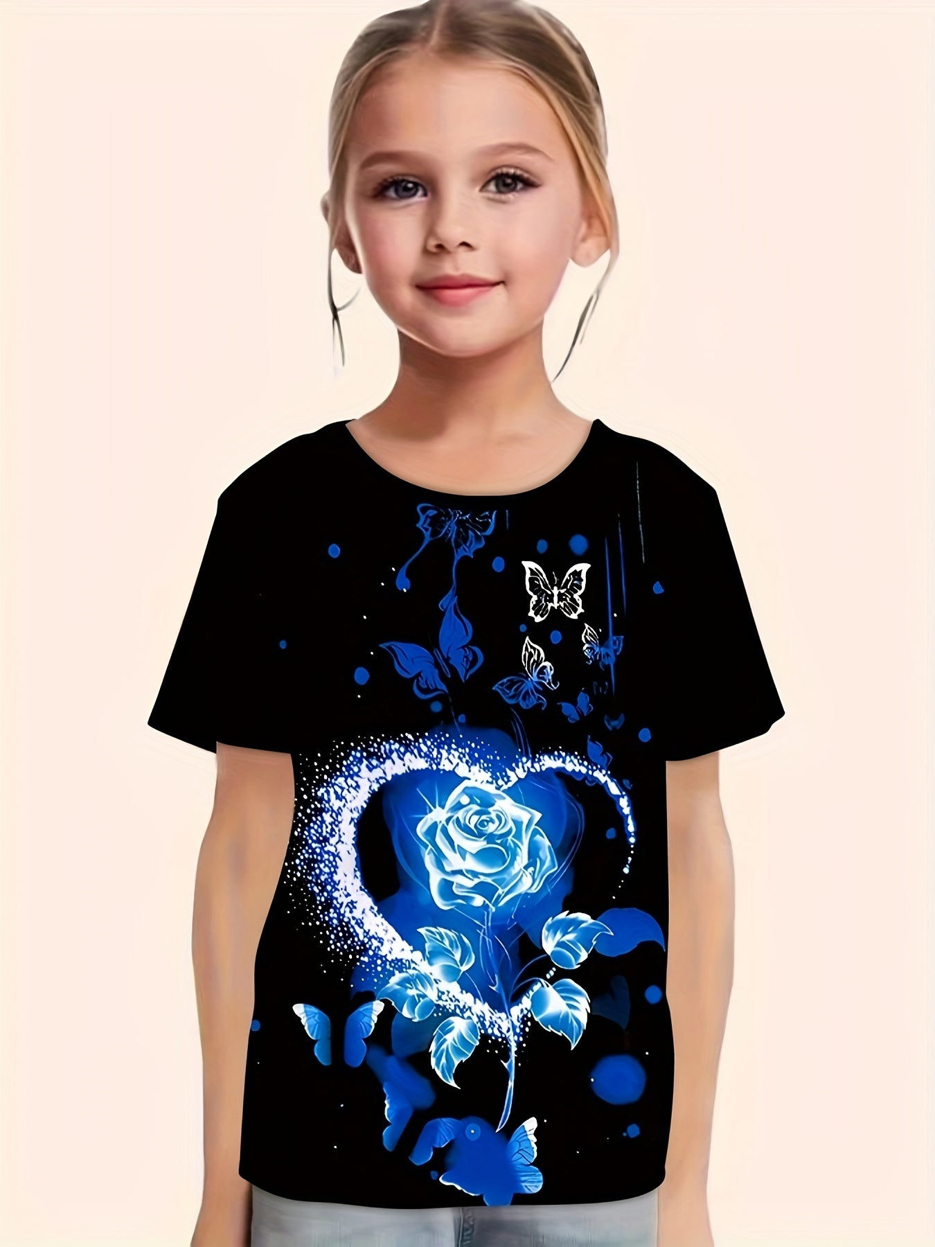 Rose Heart Butterfly Print Short Sleeve T-shirt Girls Summer Sports Clothes