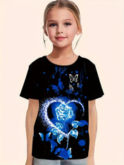 Rose Heart Butterfly Print Short Sleeve T-shirt Girls Summer Sports Clothes