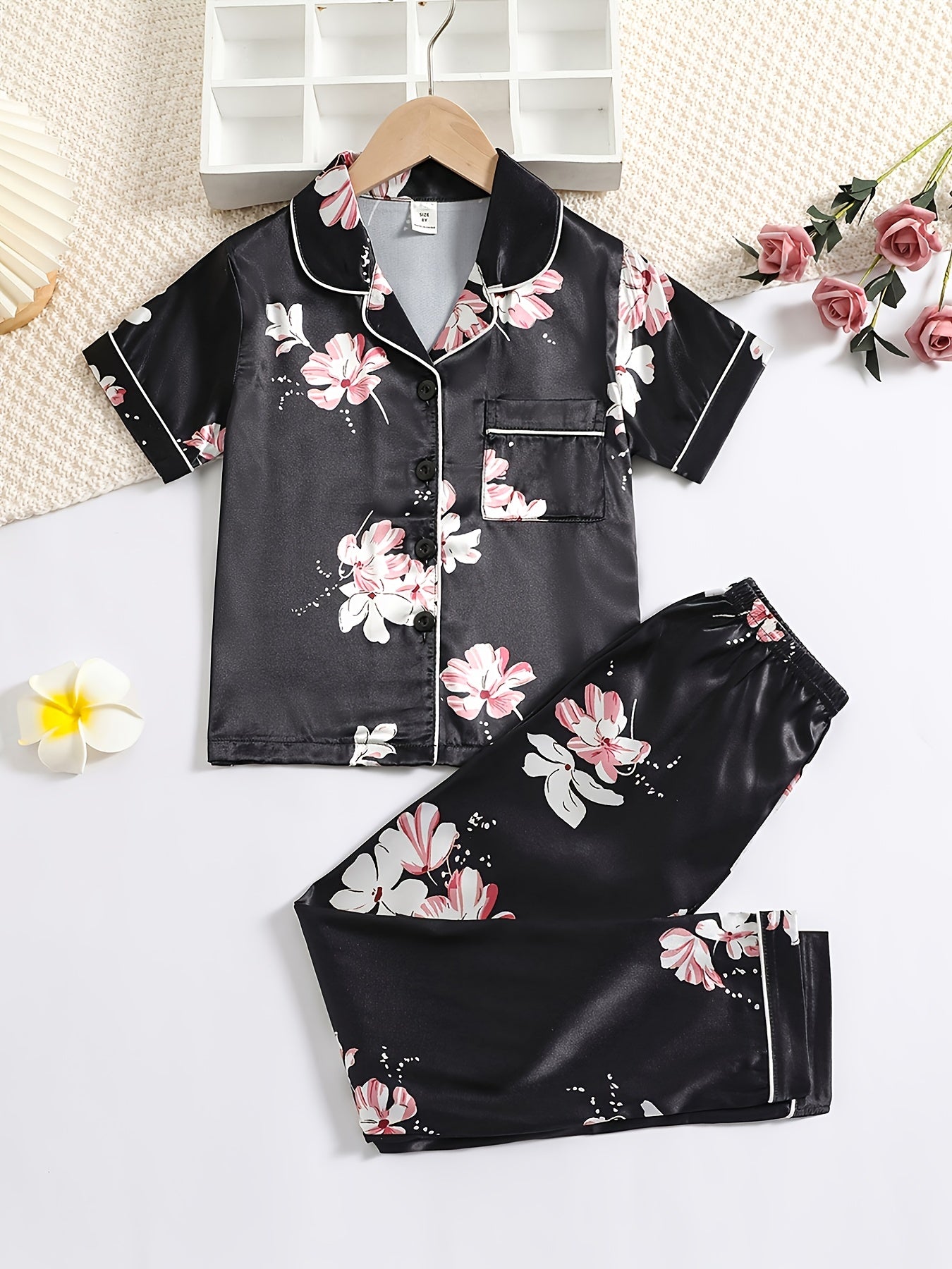Girls Short Sleeve Pajama Set Satin PJ Set Sleepwear Loungewear 2 Piece PJs