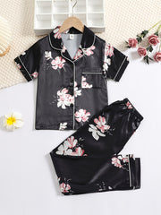 Girls Short Sleeve Pajama Set Satin PJ Set Sleepwear Loungewear 2 Piece PJs