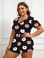 Donut Print Button Up V Neck Pajama Romper