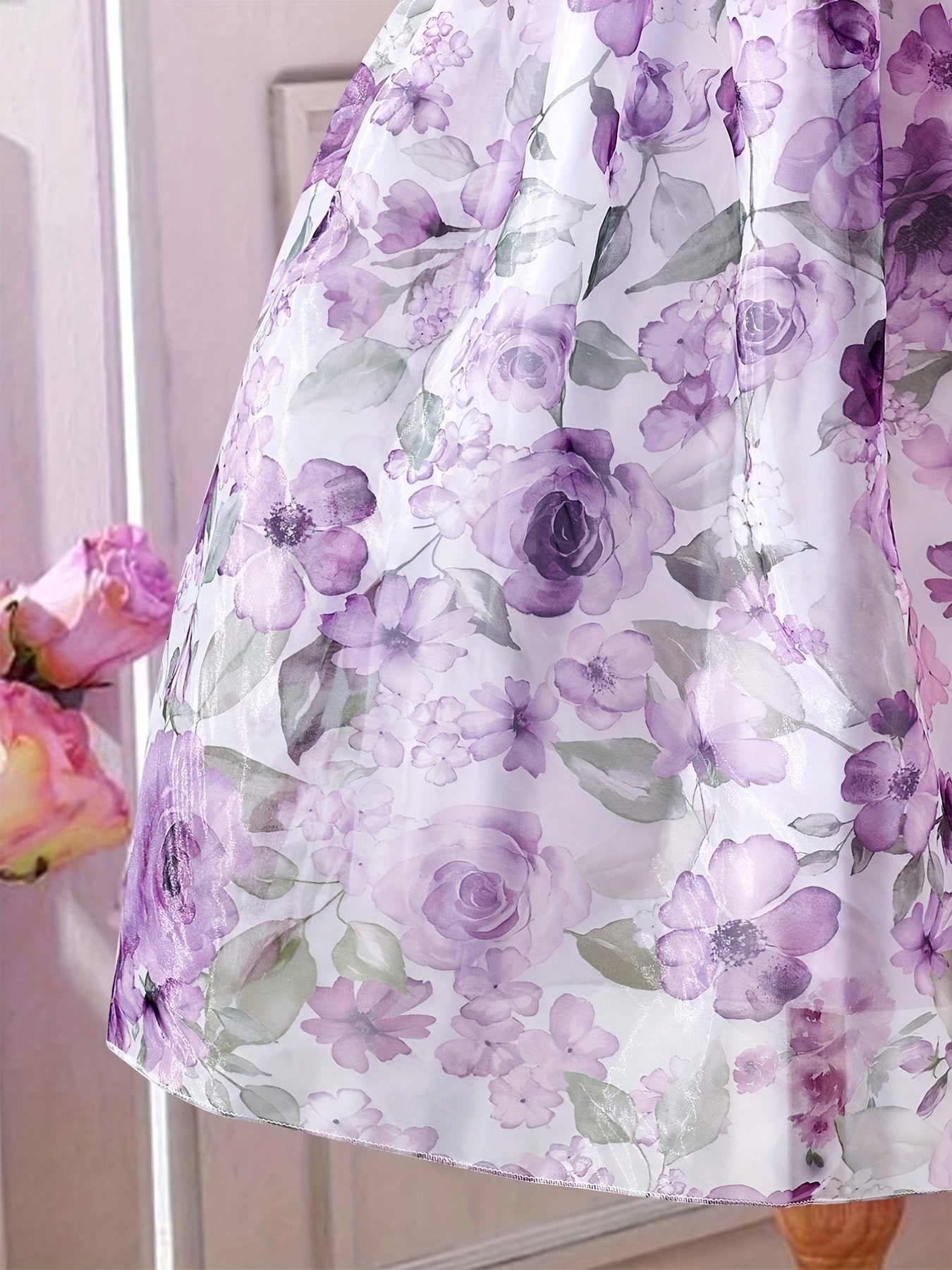 Purple Floral Puff Sleeve Princess Dress for Girls