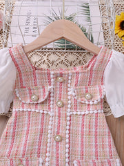 Girls Pearl Button Plaid Patchwork Princess Dress