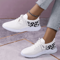 Leopard Print Sneakers Breathable Knitted Lace Up Low Top Running Shoes