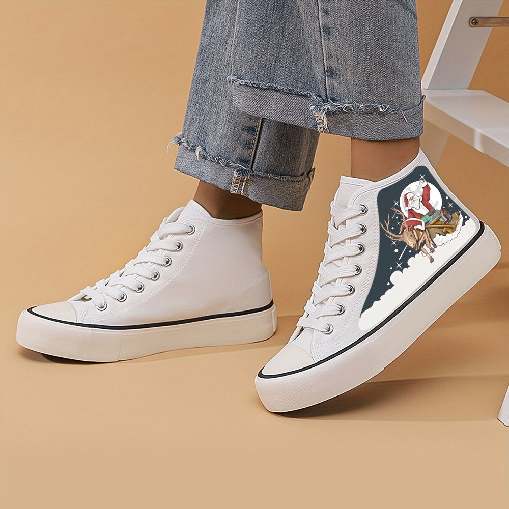 Christmas Santa Print Chunky Canvas Sneakers High Top Classic Skate Shoes