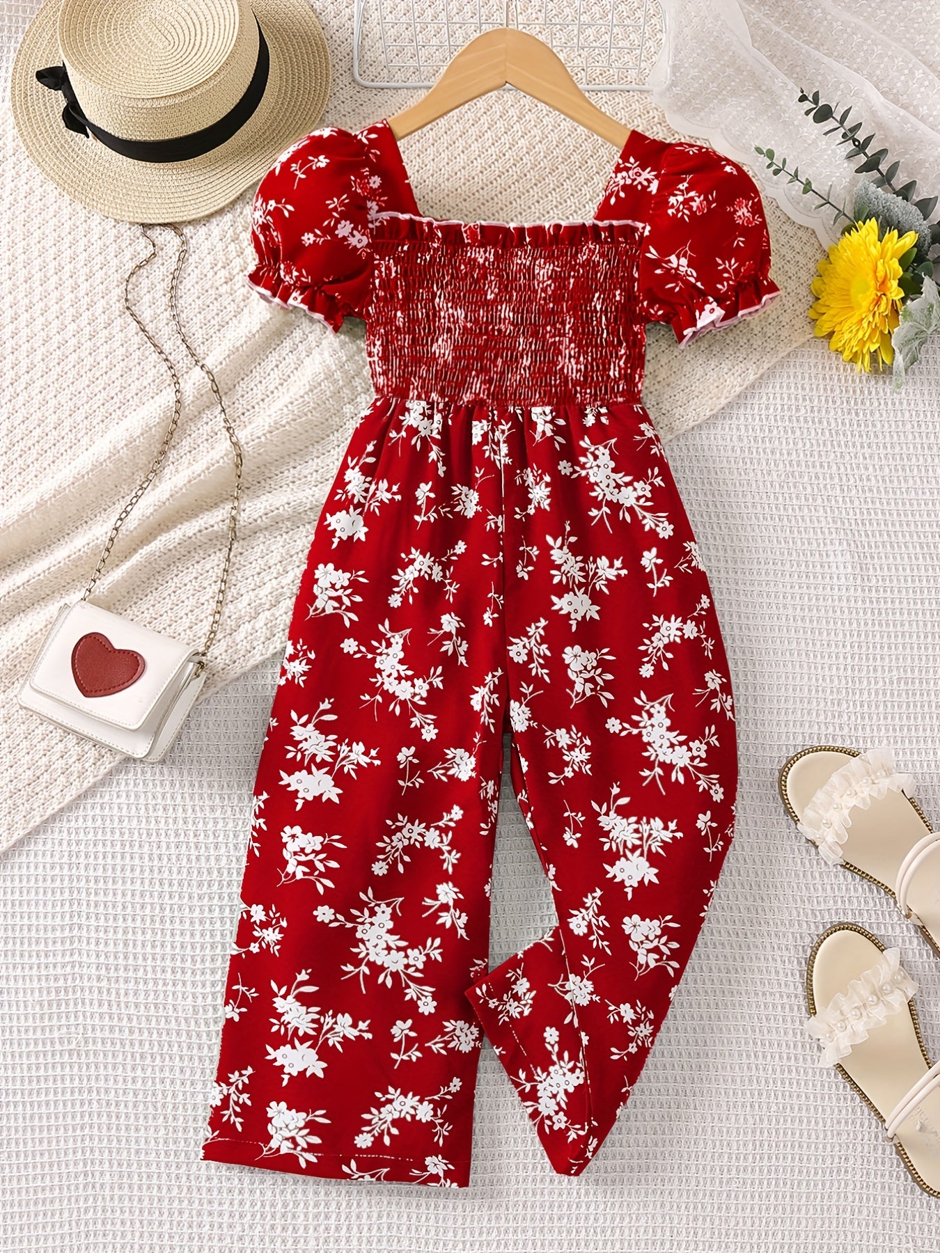 Toddler Girls Puff Sleeve Flower Graphic Rompers Jumpsuits for Beach Vacation