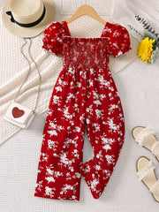Toddler Girls Puff Sleeve Flower Graphic Rompers Jumpsuits for Beach Vacation