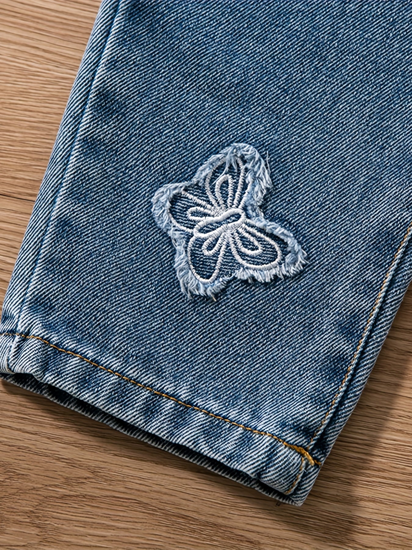 Kid Girl Butterfly Decor Skinny Fit Cotton Denim Pants