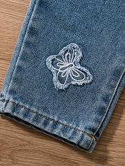 Kid Girl Butterfly Decor Skinny Fit Cotton Denim Pants