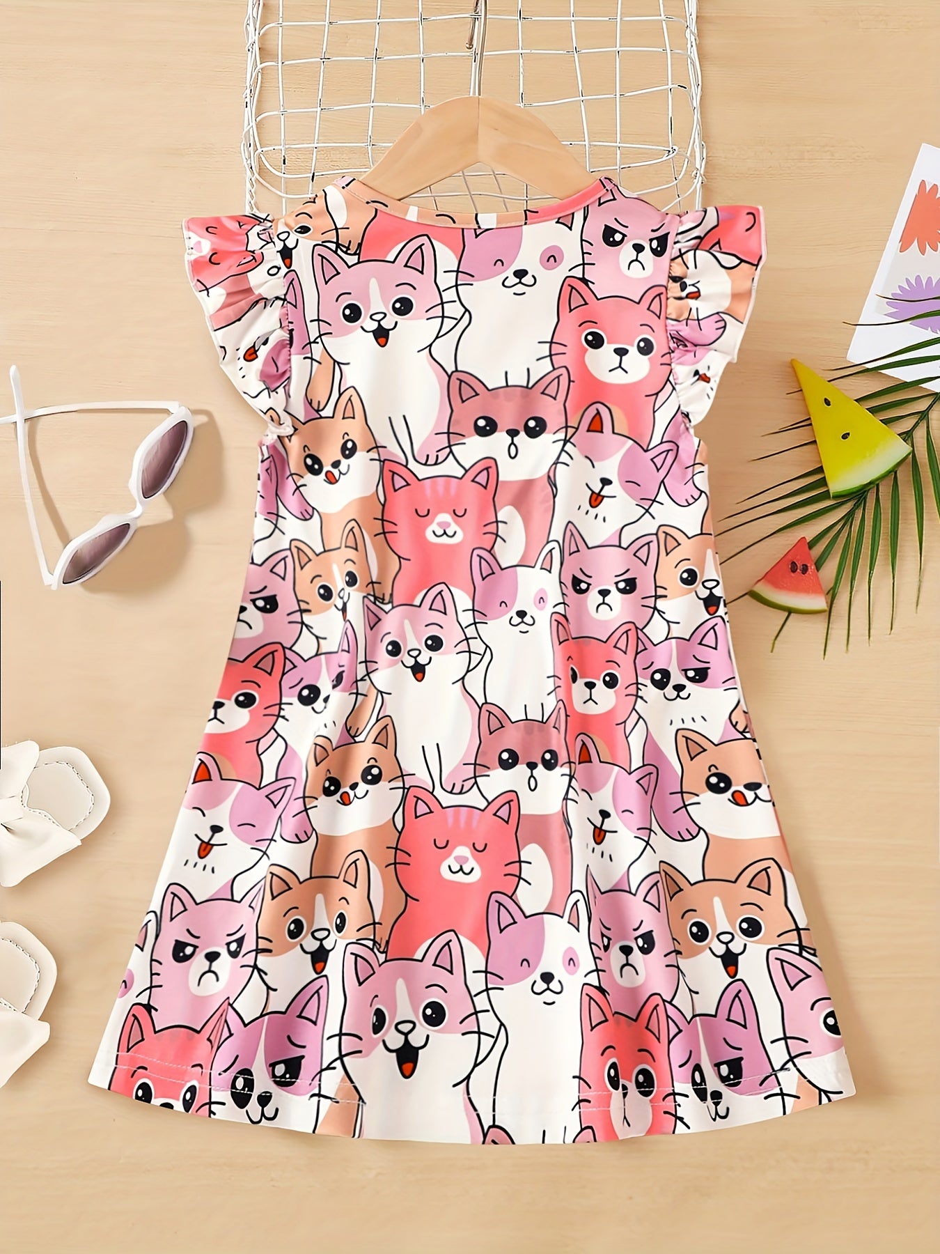 Girl's Kittens Print Casual Dress With Ruffled Sleeve A-line Swing Dress