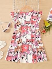 Girl's Kittens Print Casual Dress With Ruffled Sleeve A-line Swing Dress