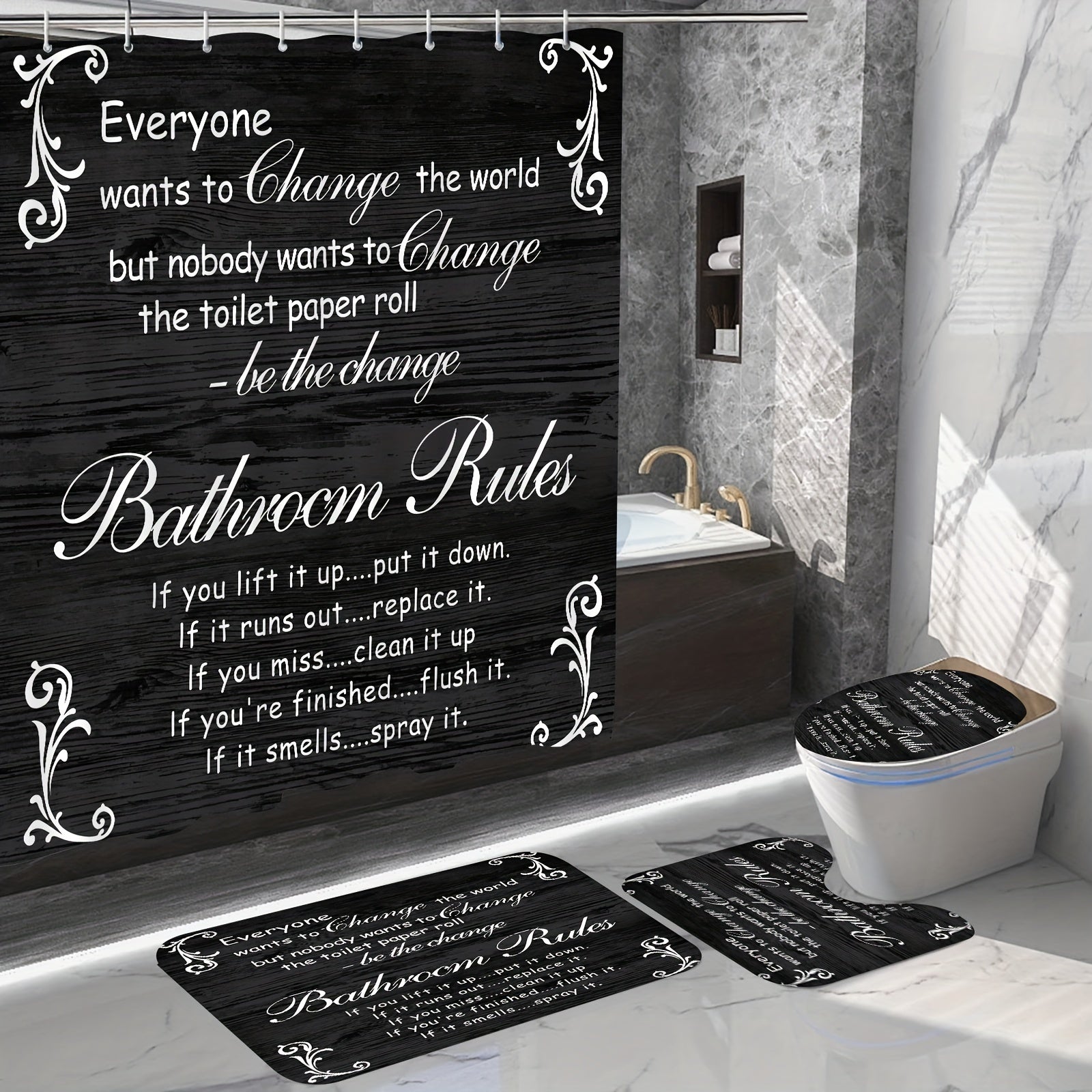 Bathroom Rules Shower Curtain Set with 4 Pieces