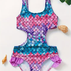 Girls Swimsuit Gradient Fish Scale Print Onesie Swimsuit