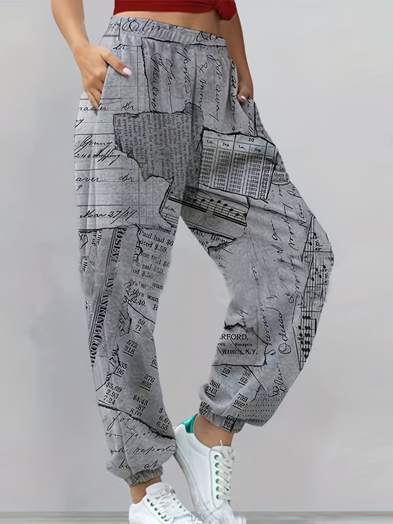 Newspaper Print Sweatpants Jogger Pants Women's Clothing