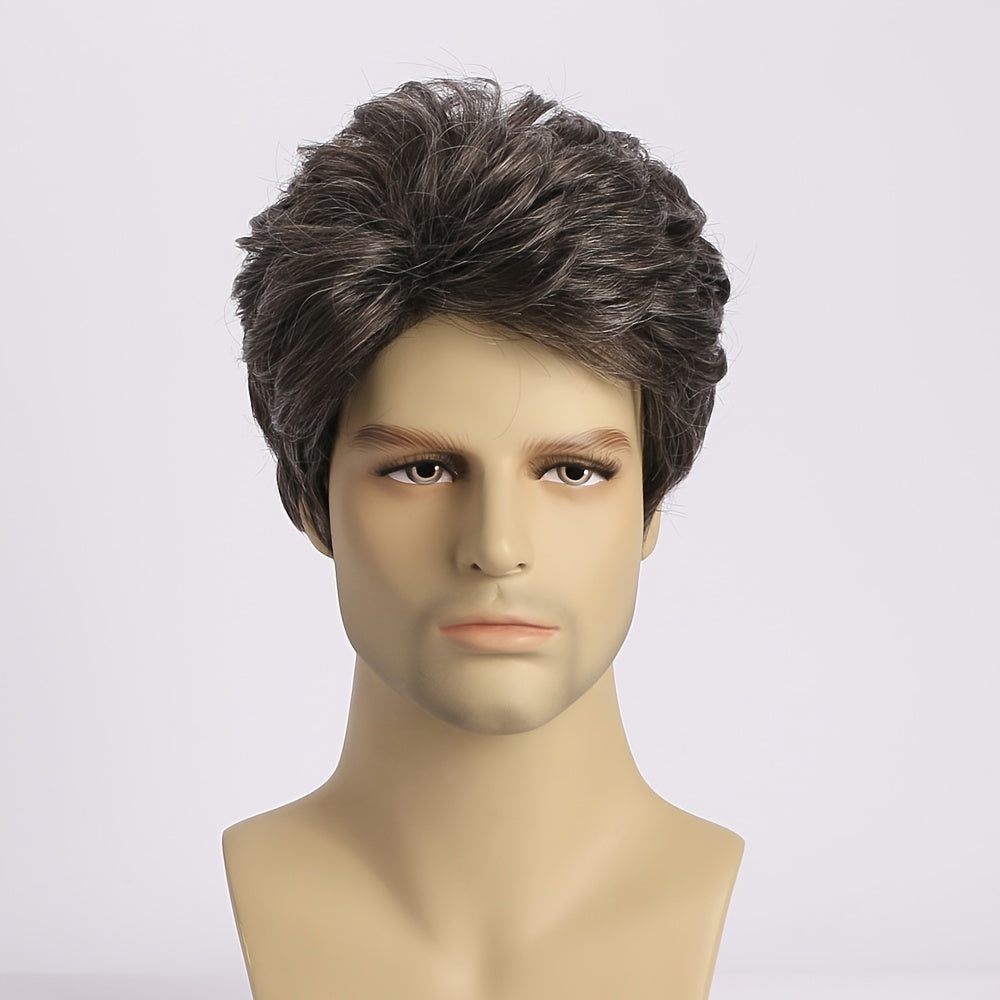 Men's Gray Short Curly Wig Natural Oblique Bangs