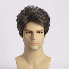 Men's Gray Short Curly Wig Natural Oblique Bangs