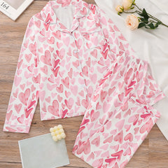 Heart Print Pajama Set Long Sleeve Buttons Top & Elastic Waistband Pants