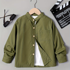 Boys Casual Long Sleeve Stand Collar Shirt With Pocket
