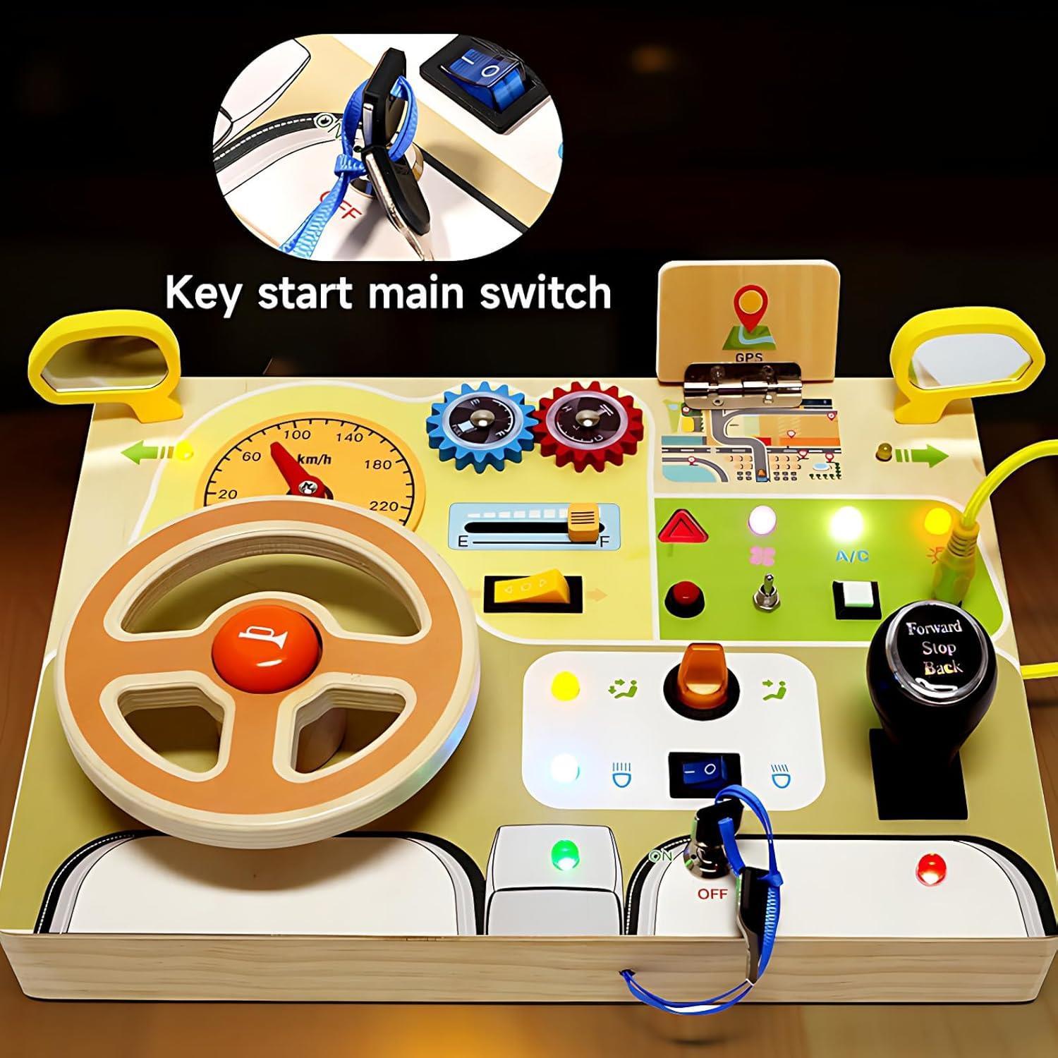 Dyzi Sensory Toy with Steering Wheel and LED Light Switches Wooden Busy Board