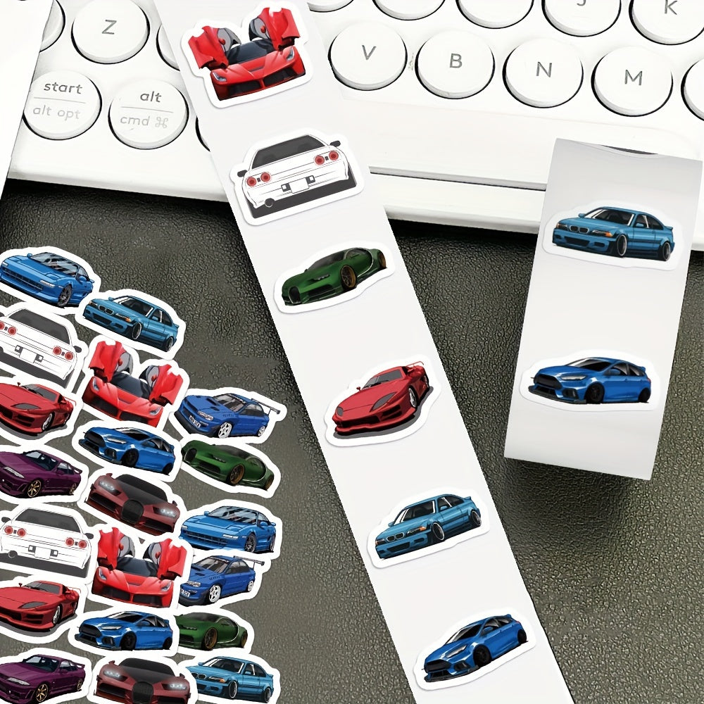 500 Sheets Cartoon Car Sticker Tape, Colorful Sports Car Designs, Self Adhesive