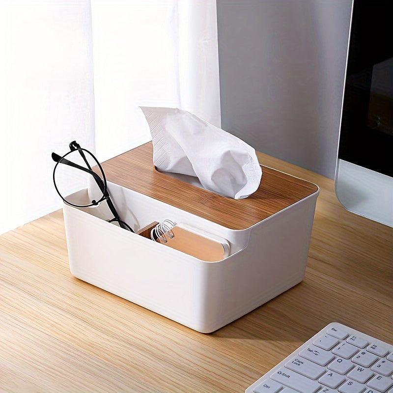 Minimalist Tissue Box with Wooden Lid Remote Control Storage