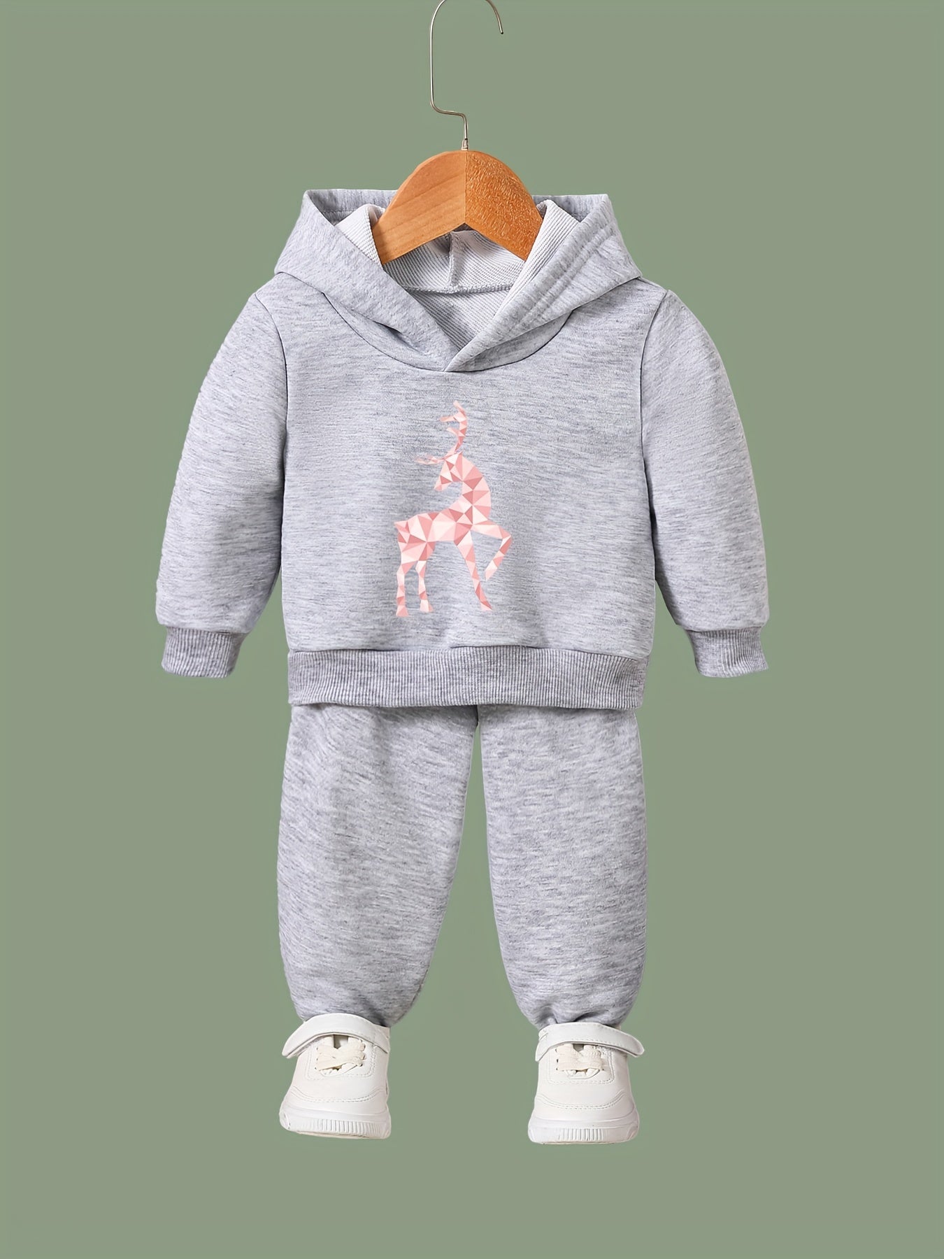 Reindeer Print Outfits 2pcs Girls Hoodies Jogger Pants Set For Sports