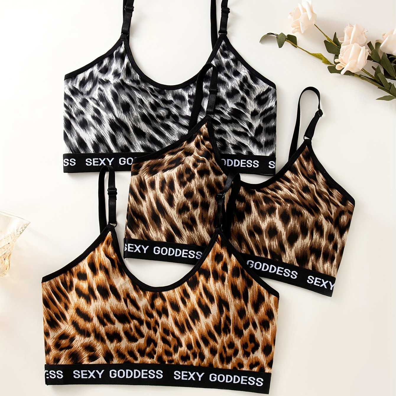 3 Pcs Leopard Print Wireless Bra Stretch Push Up Everyday Lingerie