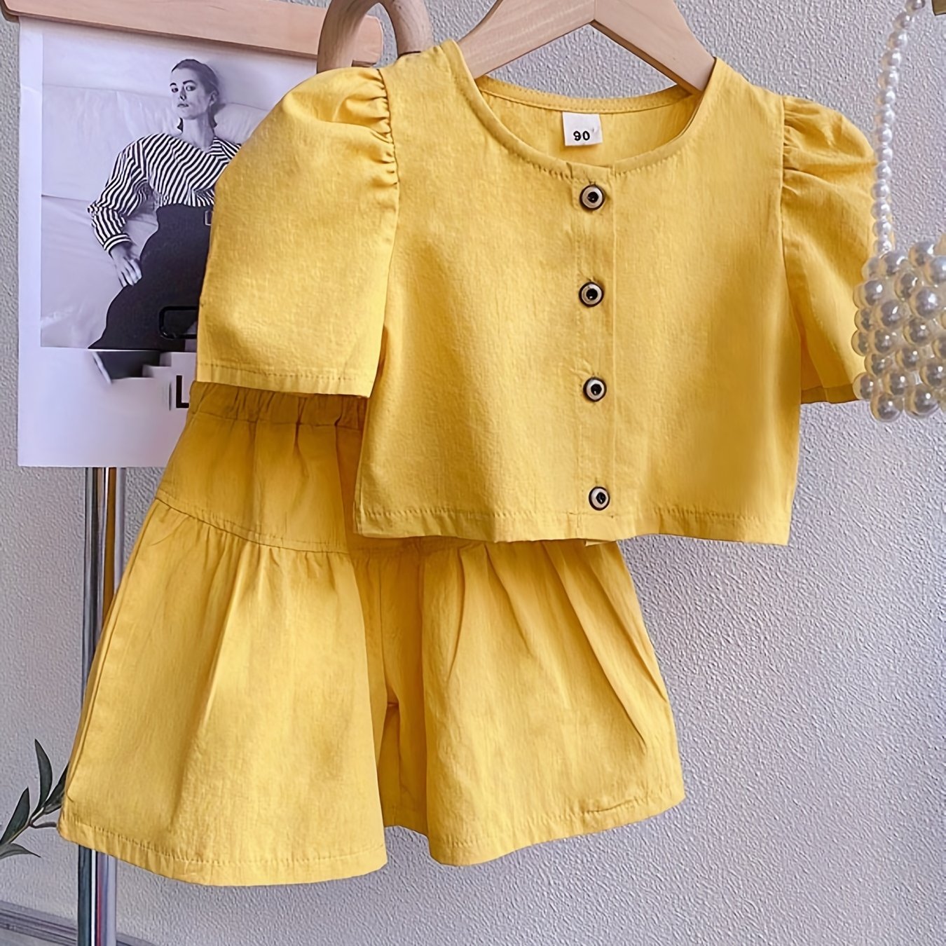 Girls Puff Sleeve Button Top & Shorts Set