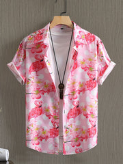 Flamingo Pattern Casual Short Sleeve Hawaiian Shirt for Summer Vacation