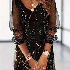 Women's Dot Print Long Sleeve V Neck Dress