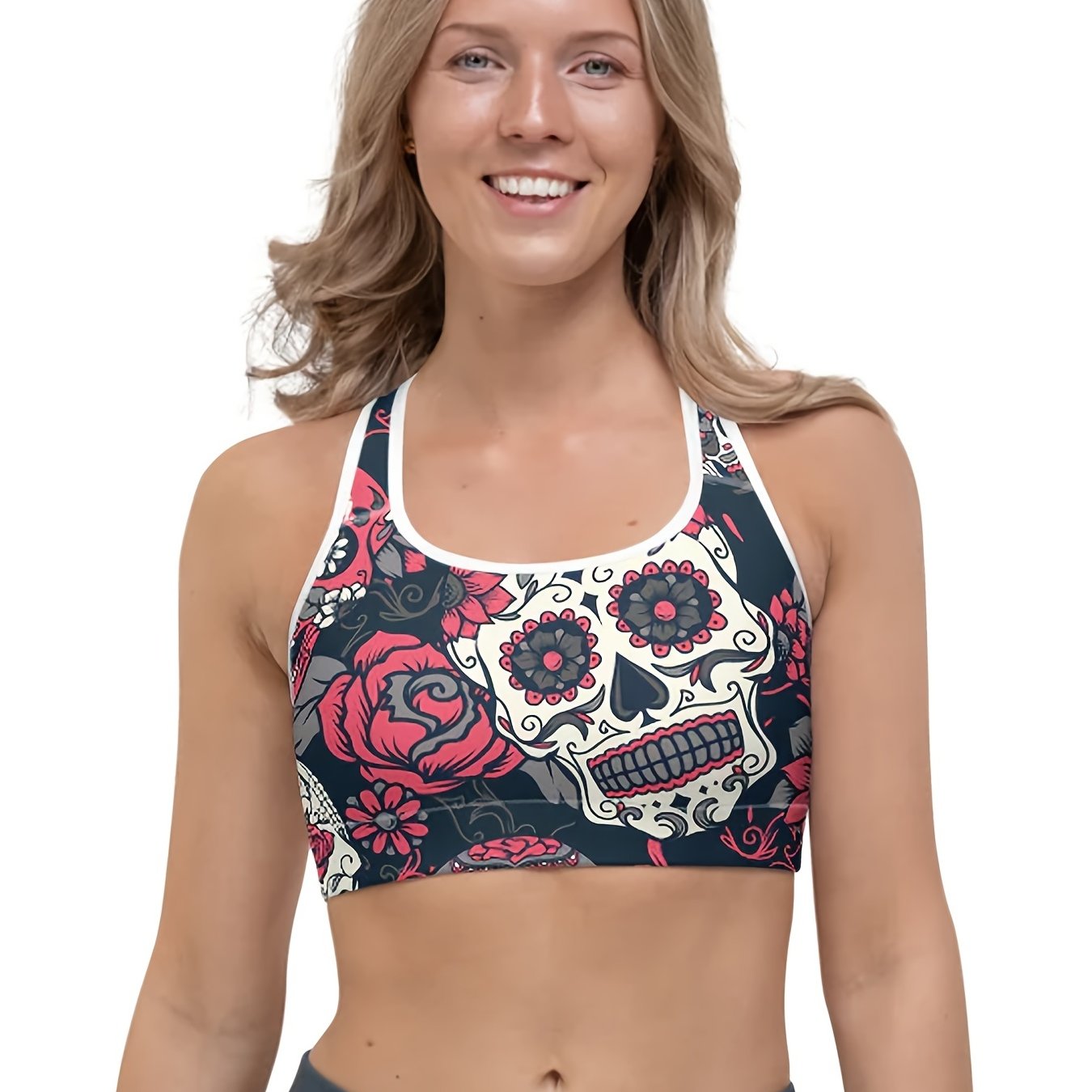 Halloween Sports Bra Women's Plus Floral & Skull Print Round Neck
