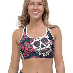Halloween Sports Bra Women's Plus Floral & Skull Print Round Neck