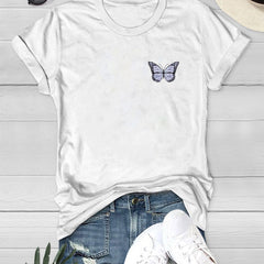 Butterfly Print Short Sleeve T shirt Crew Neck Casual Summer Top