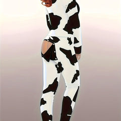 Cow Spot Print Pajama Jumpsuit V Neck Pajamas Women's Lingerie