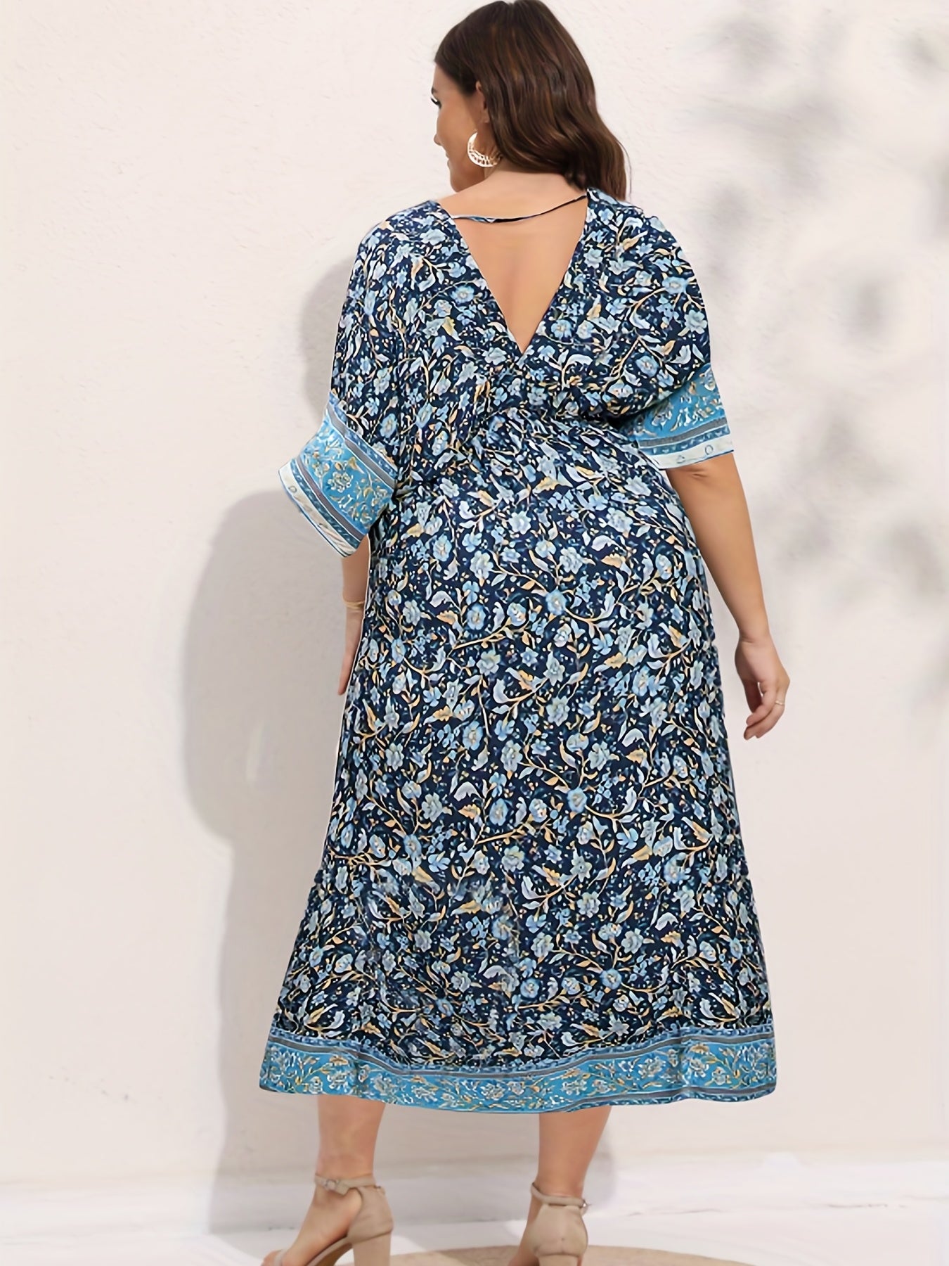 Boho Dress Women's Plus Floral Print Drawstring Backless Maxi Dress