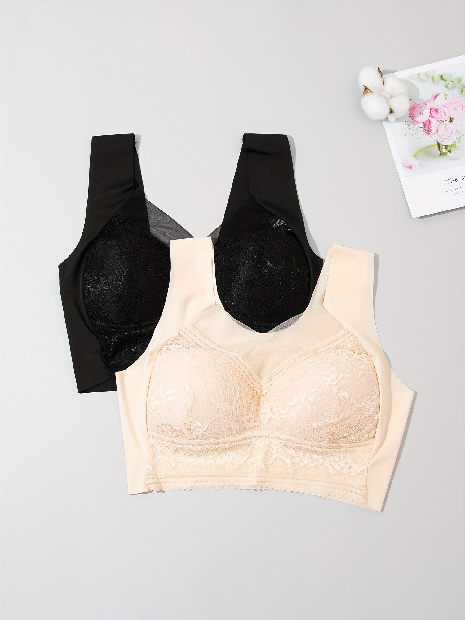 2pcs Lace Wireless Bras Comfortable Full Coverage Women's Lingerie