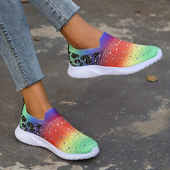 Women's Rainbow Knitted Sneakers Comfy Rhinestone Slip On Sports Shoes