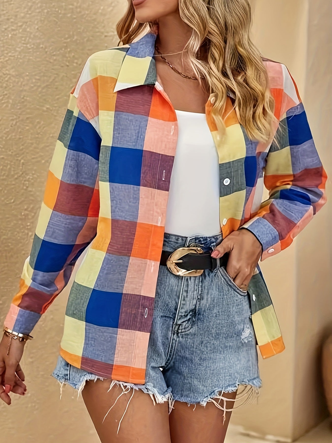 Colorful Plaid Print Long Sleeve Button Up Shirt