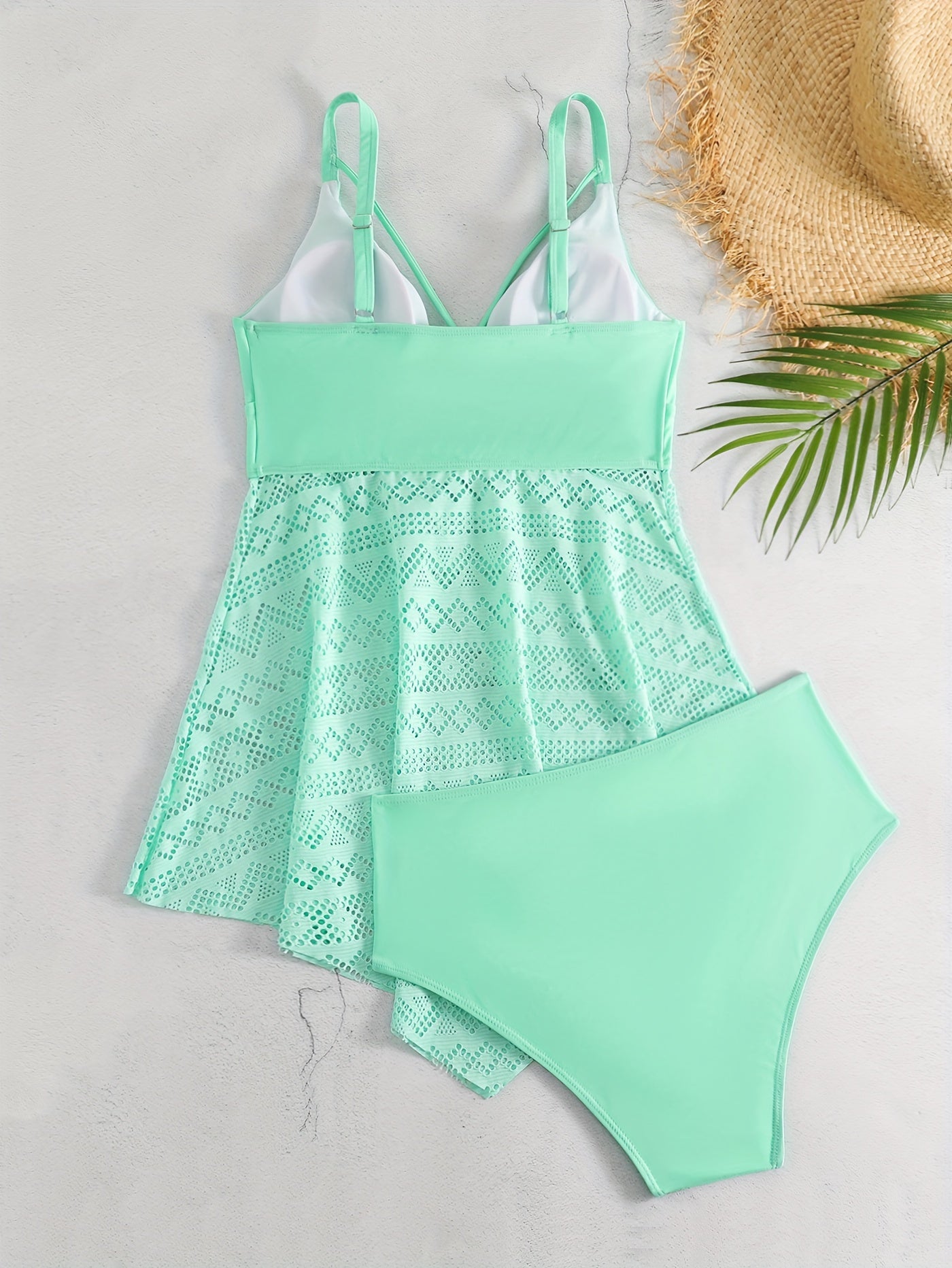 Eyelet Lace V Neck Tankini & Panty Swimsuit Set