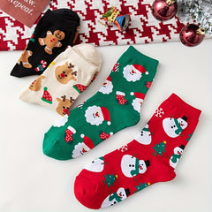 4 Pairs Cartoon Print Socks Comfy & Christmas Mid Tube Socks Women's Stockings