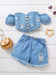 Girls Off Shoulder Denim Top & Ripped Shorts Set