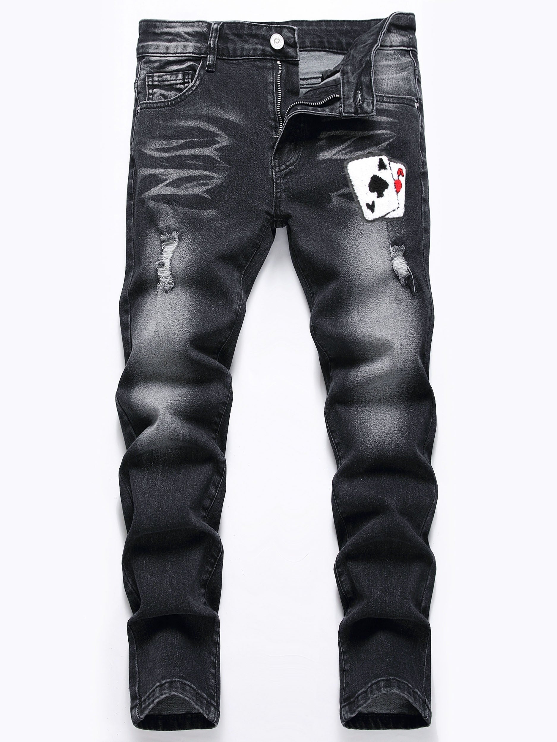 Boys Poker Card Embroidered Ripped Denim Slim Fit Jeans