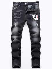 Boys Poker Card Embroidered Ripped Denim Slim Fit Jeans