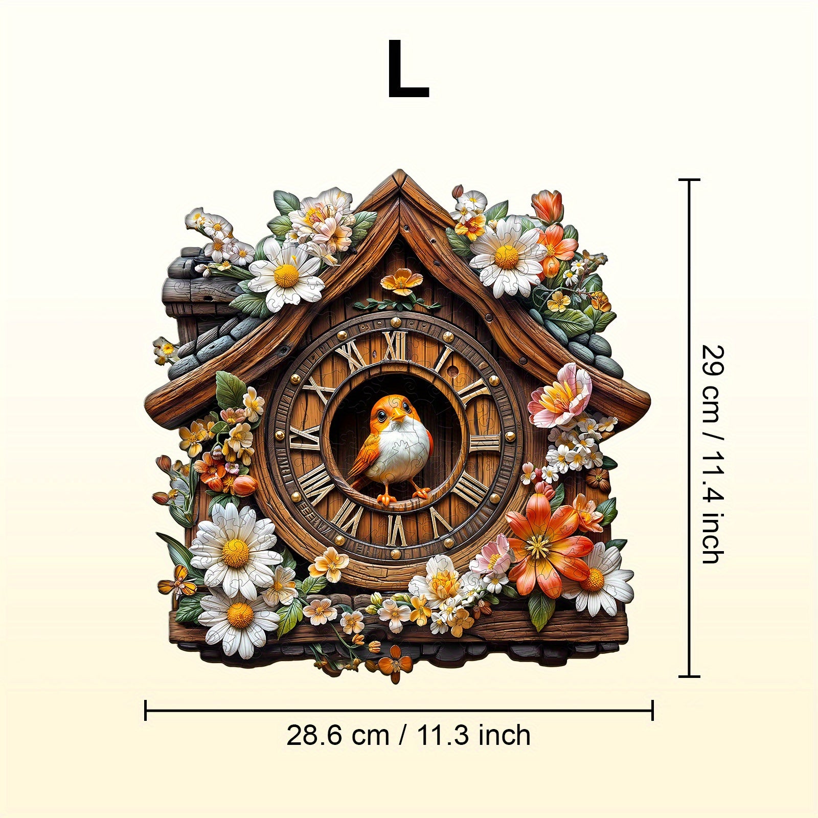 Bird Clock Wooden Puzzle Animal Shape Jigsaw Colorful Flowers & Bird Decorative