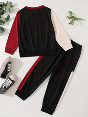 Boys 2pcs Block Sweatshirt & Sweatpants Set for Spring Fall