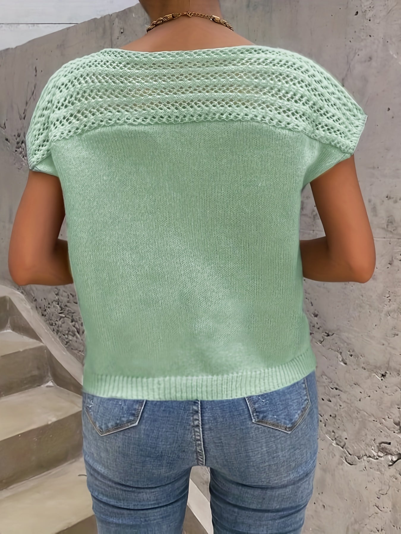 Casual Sweater Women's Plus Solid Hollow Out Cap Sleeve Round Neck