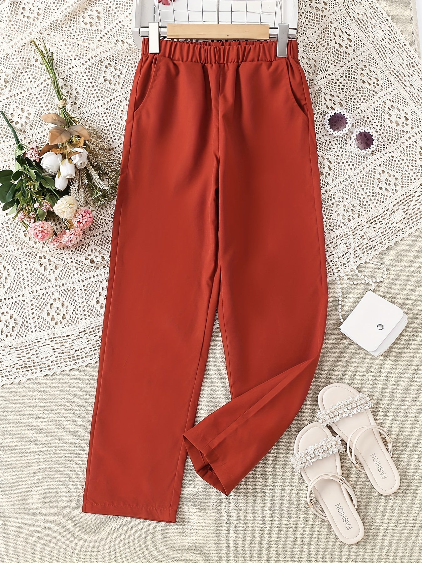 Girls' Straight Leg Casual Pants With Pocket