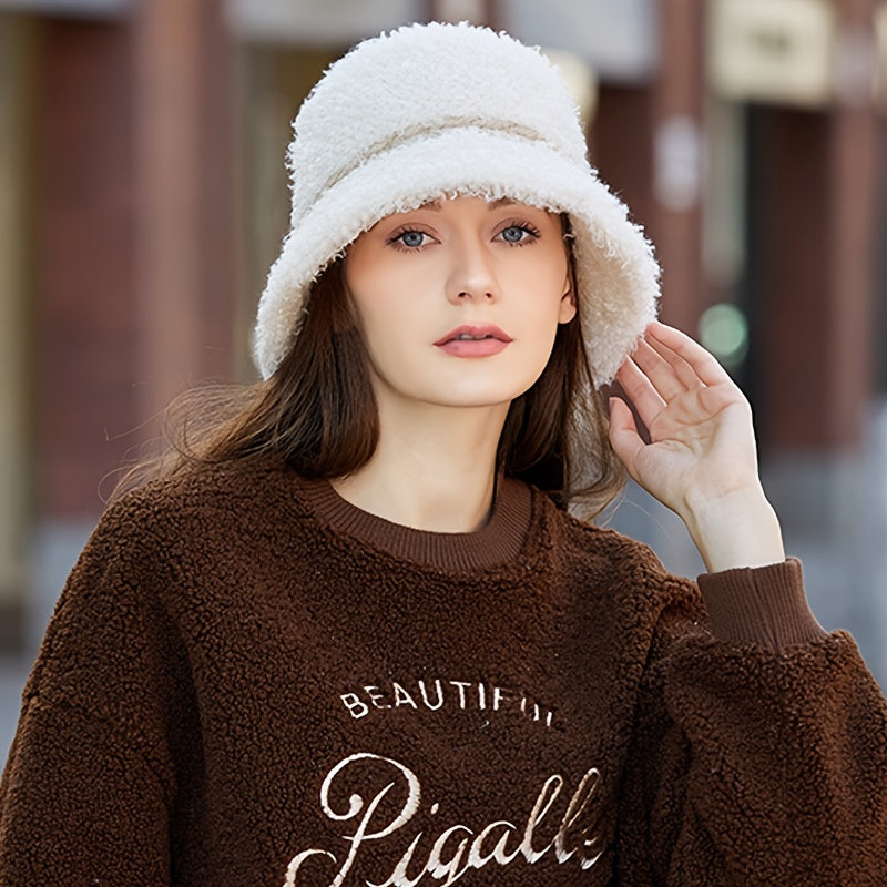 Faux Fur Bucket Hat Winter Thick Furry Fisherman Hat for Women