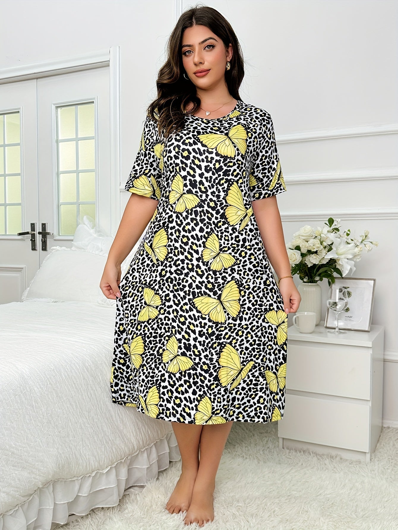 Casual Nightdress Leopard & Butterfly Print High Stretch Sleep Dress