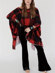 Plaid Round Neck Cover Up Blouse Loose Fit Casual Beachwear Cover Up Shirt